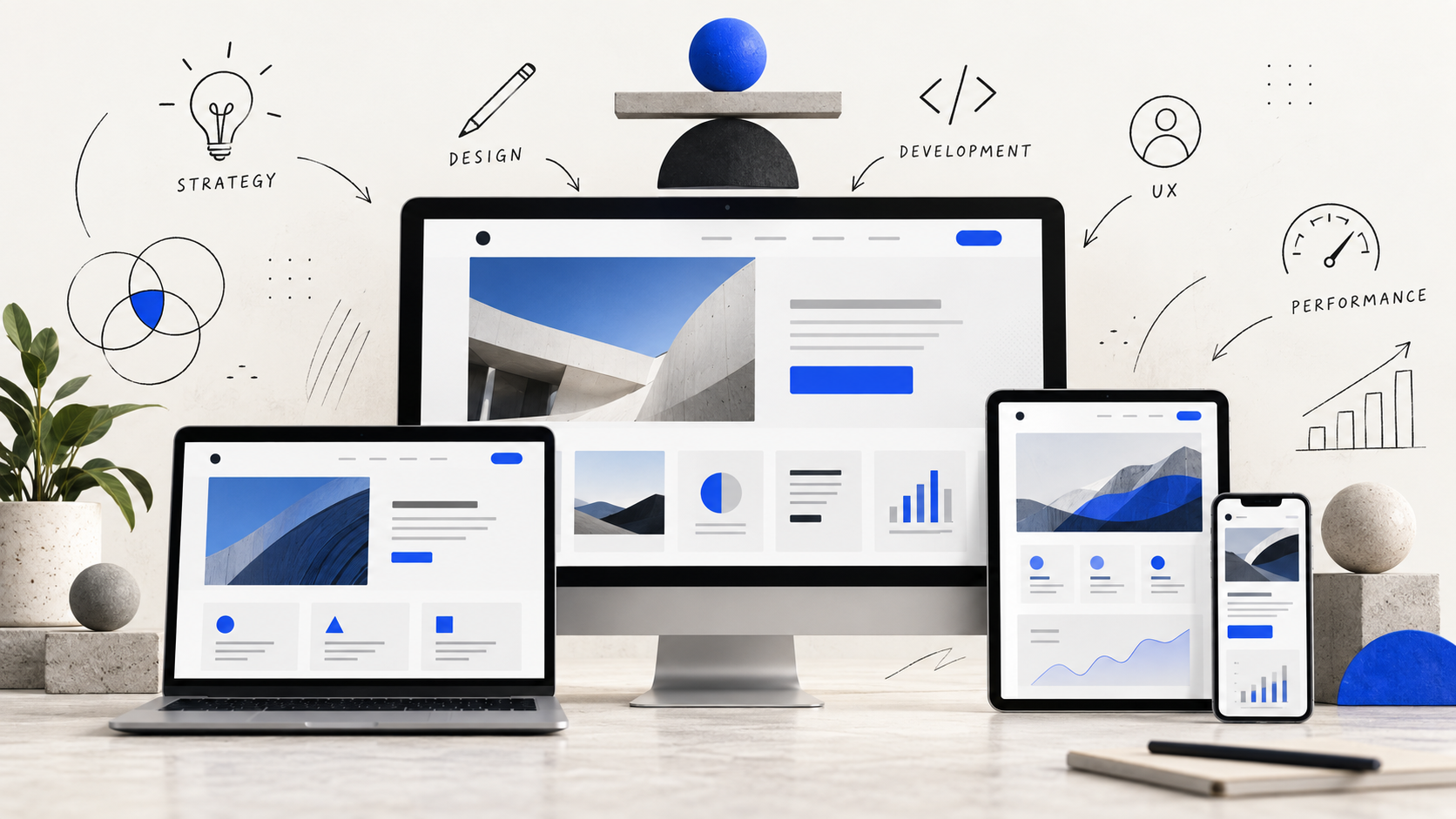 Responsive website mockup displayed across desktop, laptop, tablet and mobile devices