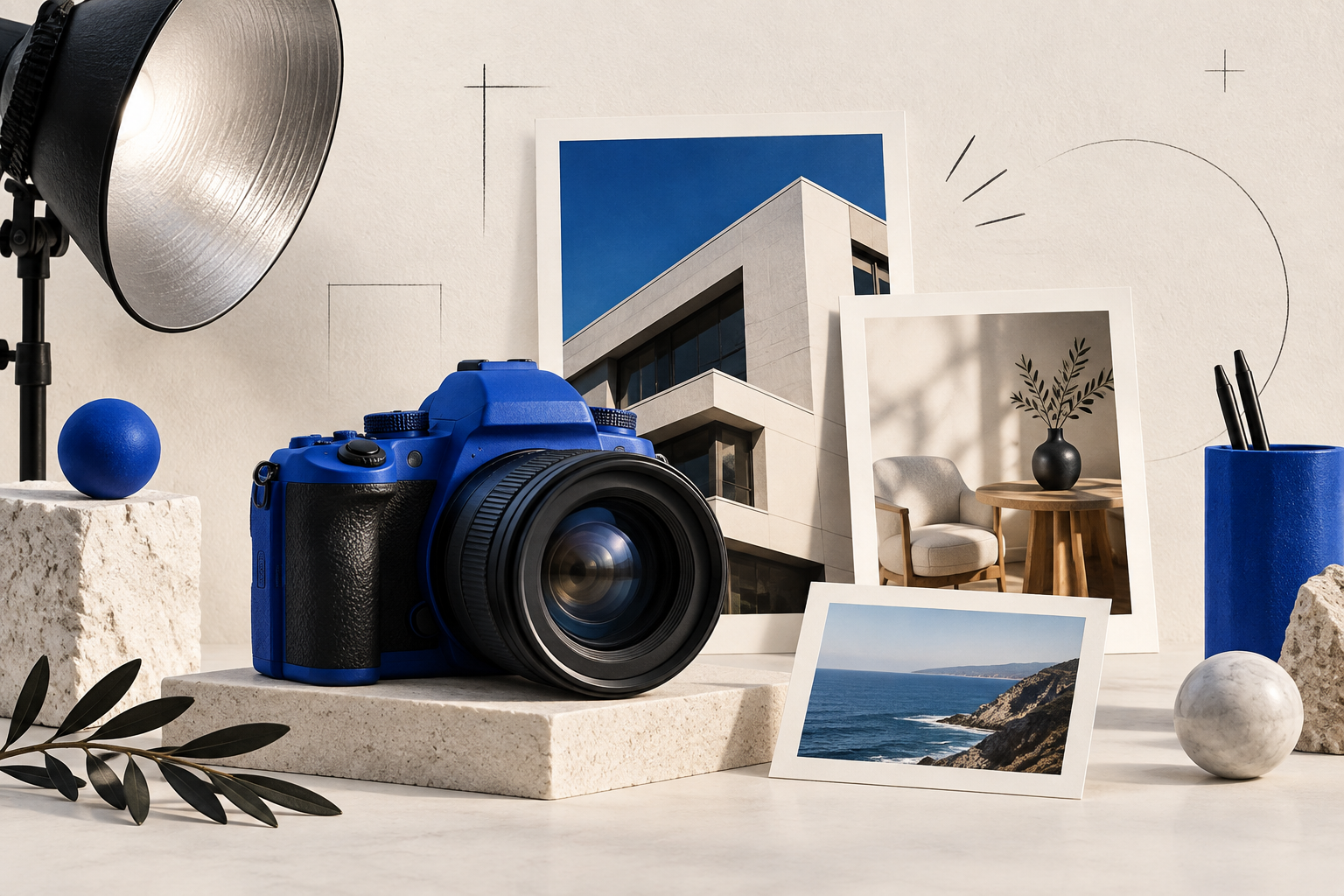 Blue studio camera surrounded by architectural, interior, and landscape photographs