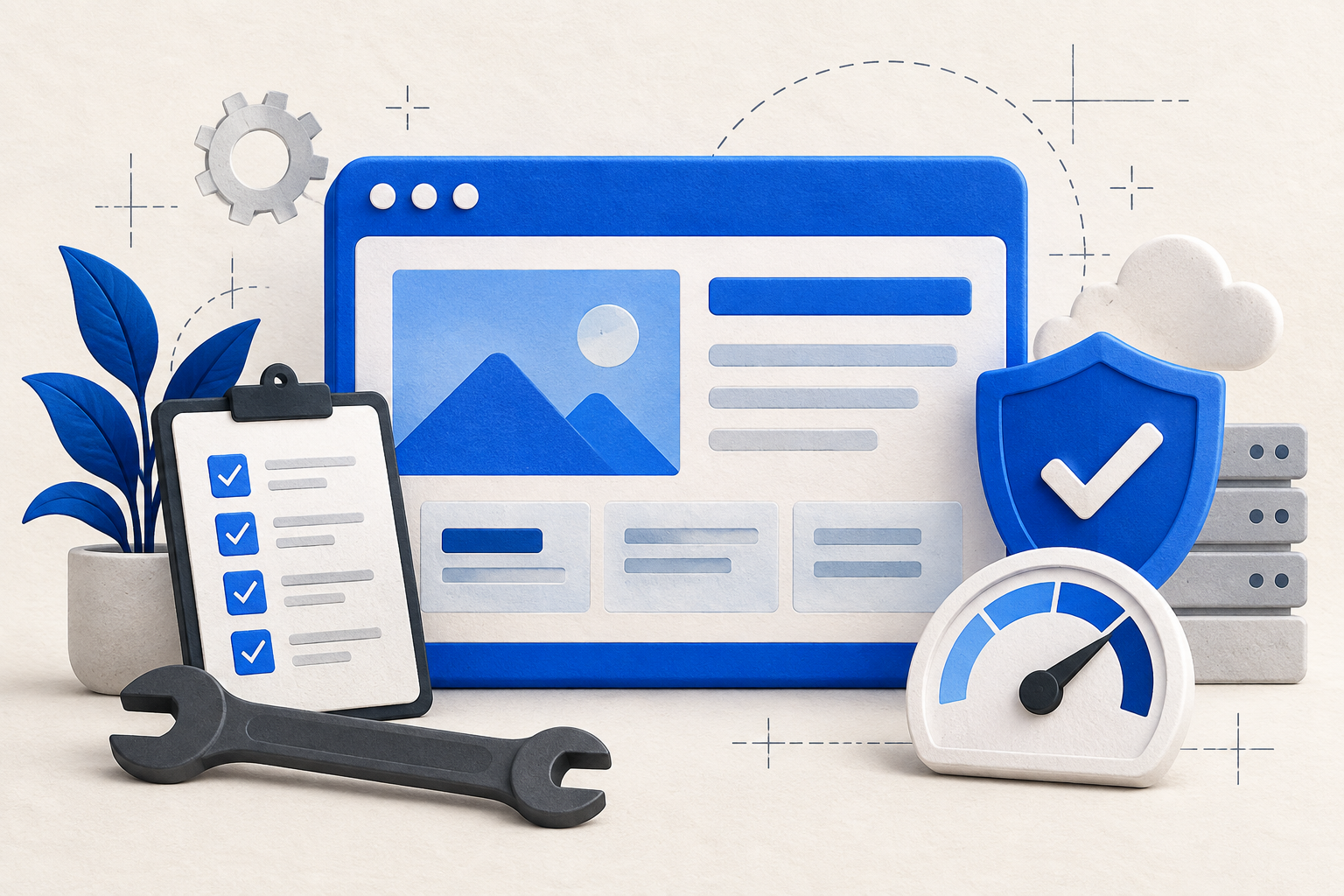 Blue website maintenance illustration with checklist, security shield, and performance gauge