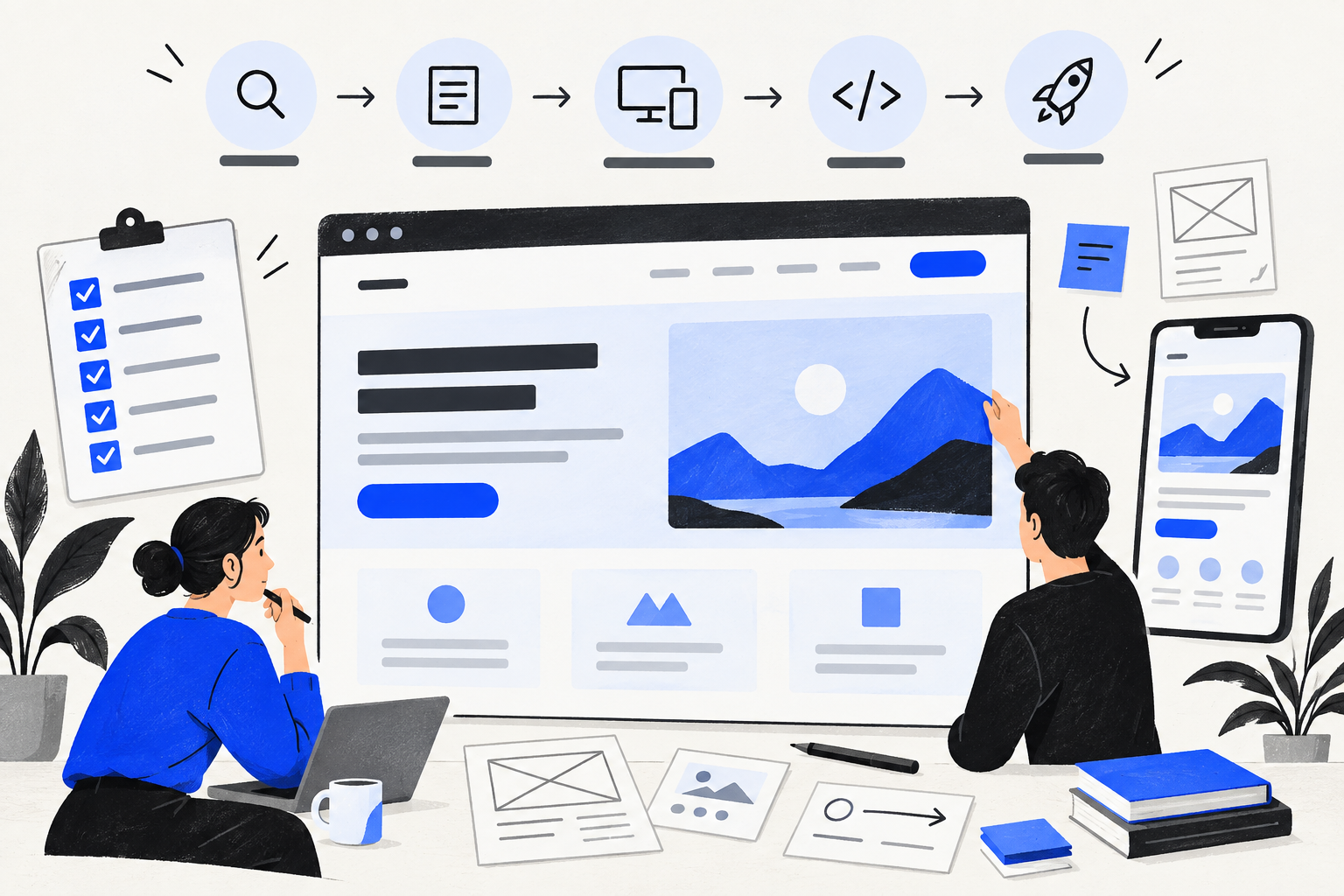 Designers reviewing a website redesign workflow, responsive layouts and launch checklist