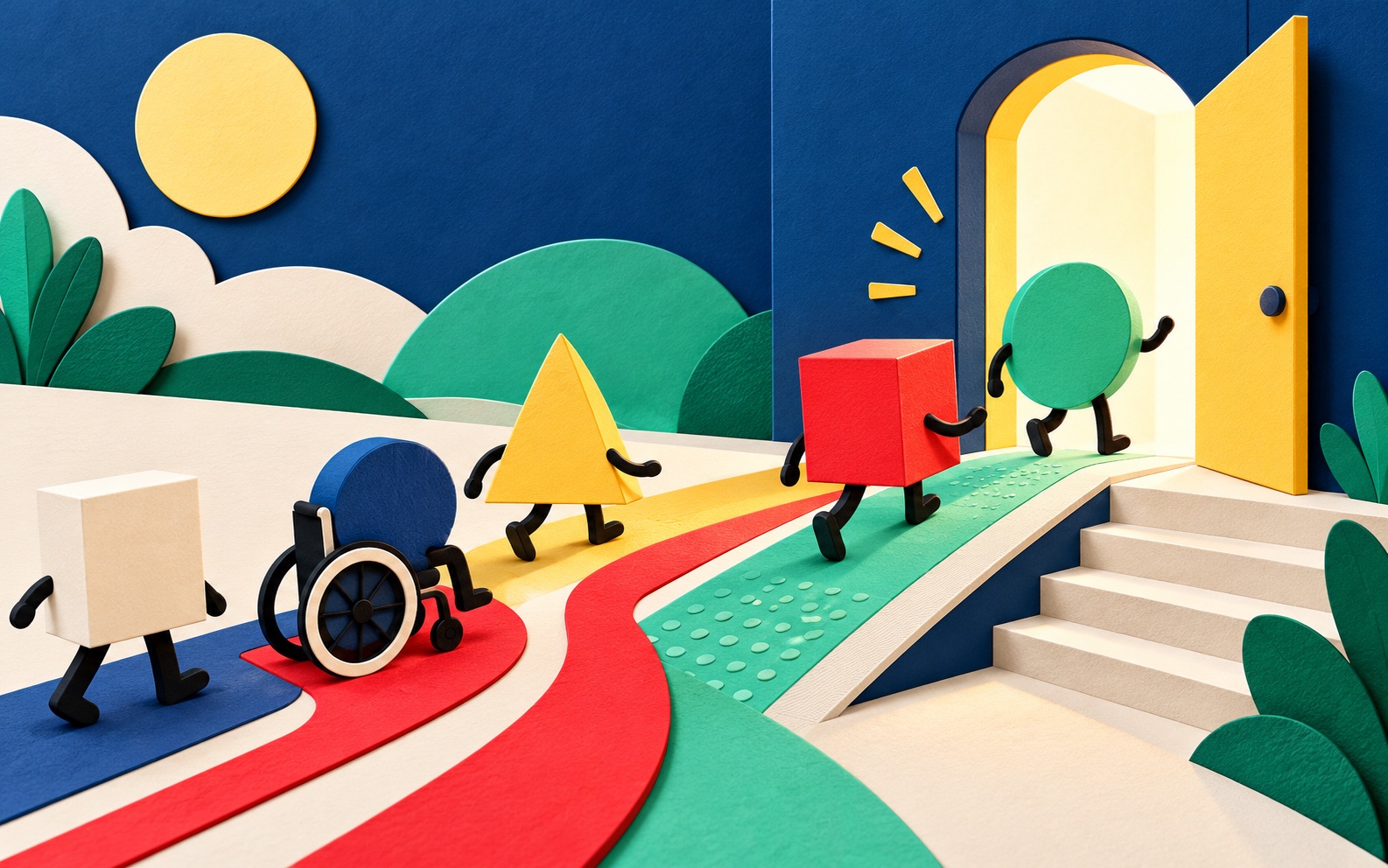 Different colourful characters following accessible paths and a ramp through an open doorway