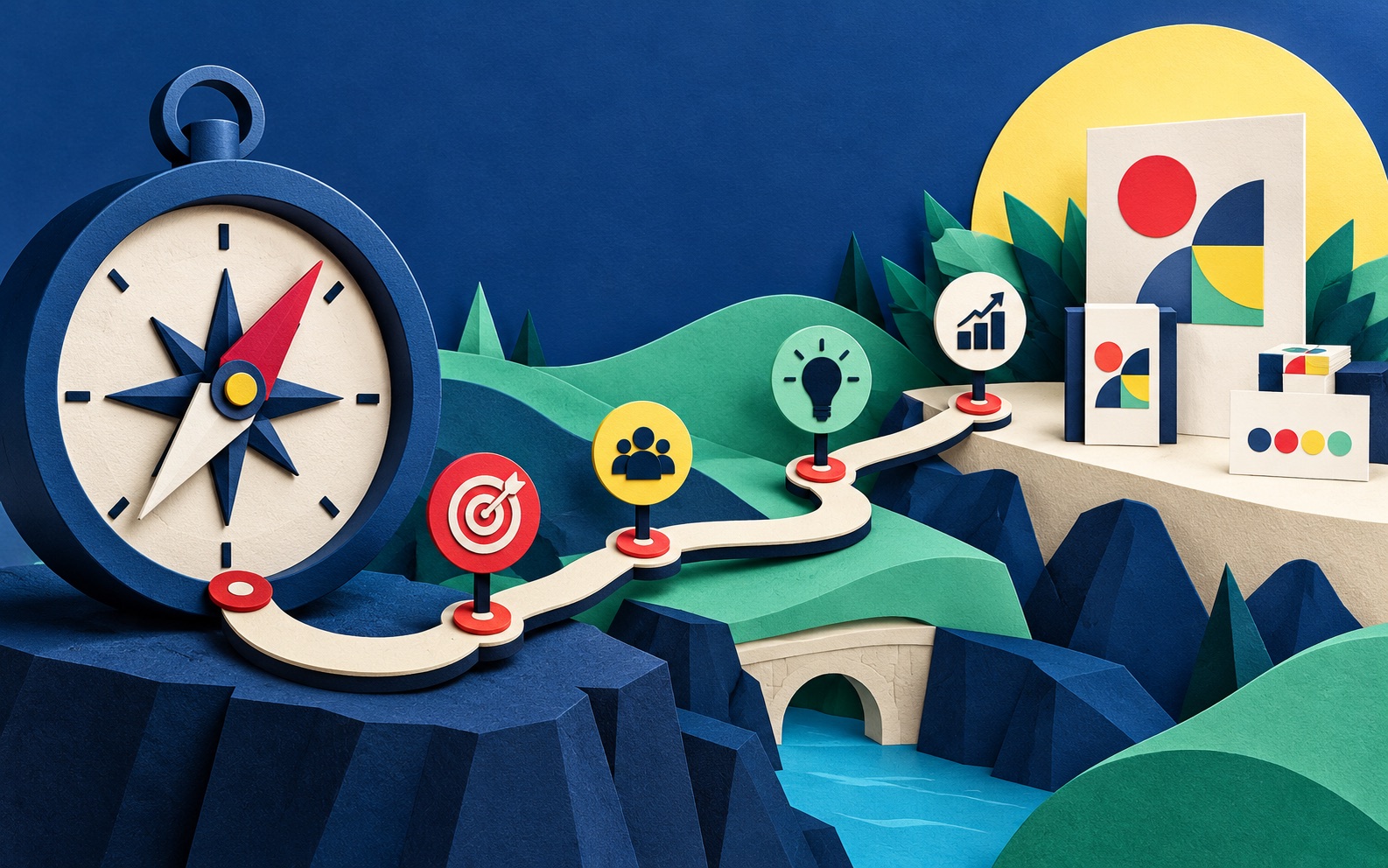 A paper-cut compass and pathway leading toward a complete visual identity system