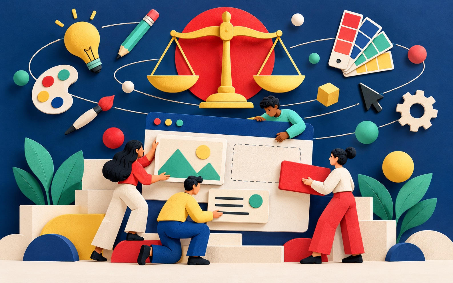 A creative team assembling a website around a balanced scale and colourful design tools