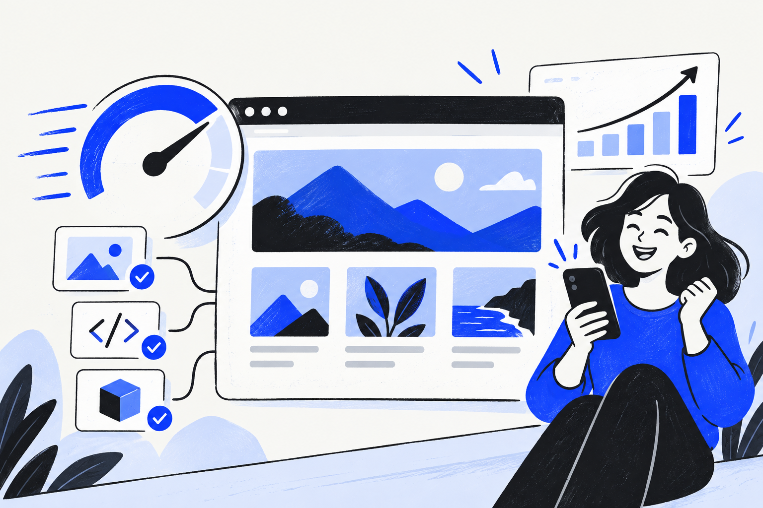 Fast website interface with performance gauge, optimized components and mobile visitor