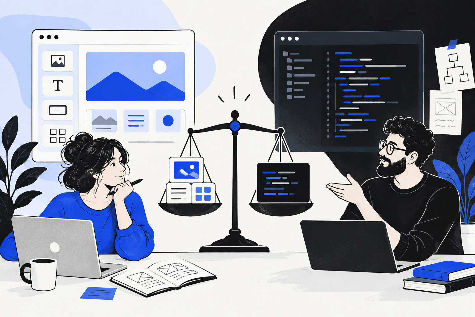 Designer and developer comparing a modular CMS with custom code