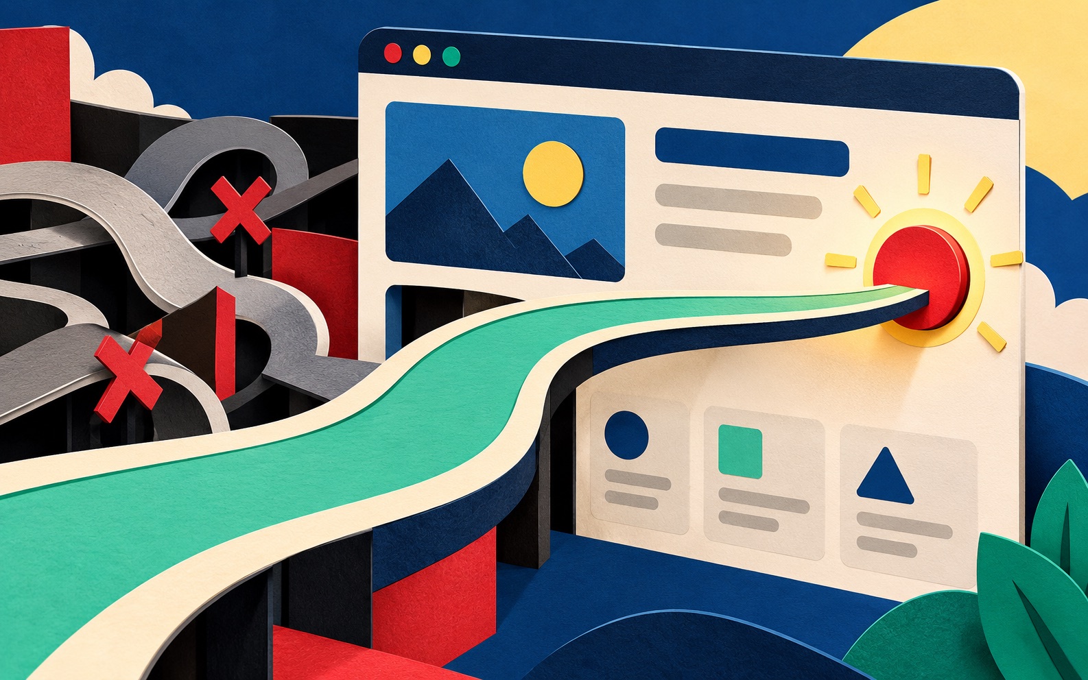 A paper-cut pathway moving through a website interface toward one bright action button