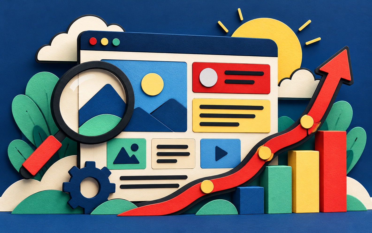 A colourful paper-cut website interface with a magnifying glass and rising performance graph